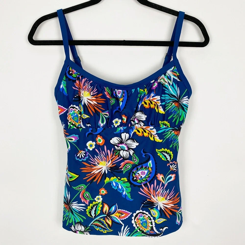 To The Bleu Floral Paisley Ruched Adjustable Strap Tankini Top Womens 6 Blue‎